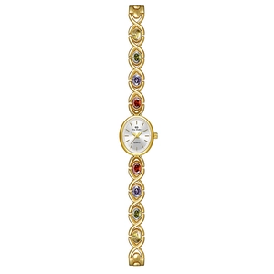 Luxurious gold metal watch featuring colorful rainbow gemstones on a link bracelet