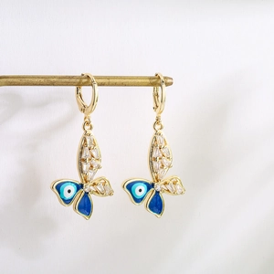 18K gold plated butterfly earrings with blue enamel evil eye and sparkling zircon stones