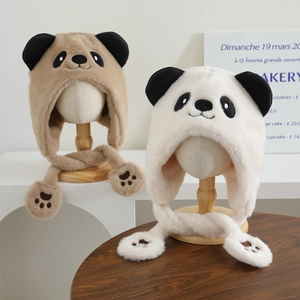 Détails de bonnets panda en peluche marron et blanc avec longues écharpes et pattes