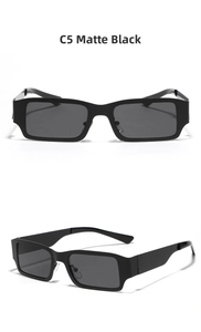 Detail view of C5 matte black rectangular sunglasses with dark grey lenses and sleek frames