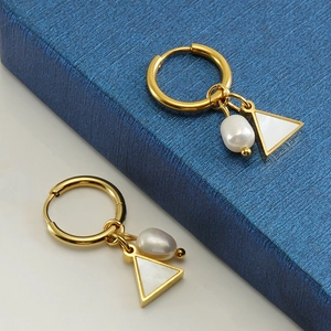 Baroque Artificial Pearl Hoop Earrings With Triangle Mother Of Artificial Pearl Shell 18K Gold Plated Stainless Steel For Women