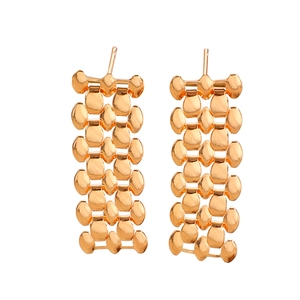 Detail of rose gold rectangular drop earrings with mesh chain strap texture