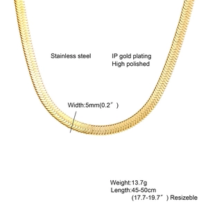 Close-up of 5mm gold snake bone chain in polished stainless steel with size dimensions