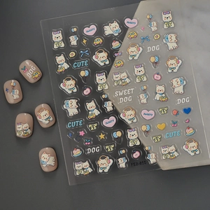 5D embossed cartoon dog nail art stickers with 3D puppy heart and cake designs