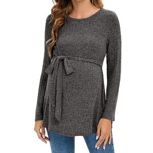 Women's crewneck maternity sweater in dark grey rib knit with adjustable waist tie