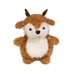 Cute brown plush reindeer toy with soft long fur and round antlers on white background