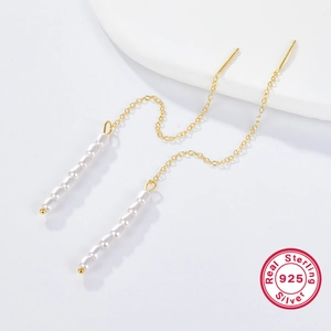 Elegant S925 sterling silver long tassel drop earrings with white shell pearl dangles