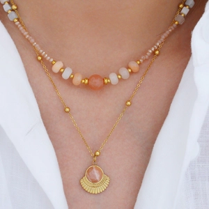 Women Bohemian Natural Stone Pendant Necklace Stainless Steel 14K Gold Plated Crescent Moon Fan Shaped Beads Jewelry