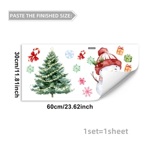 Detailed view of watercolor snowman Christmas window stickers with festive tree and gifts