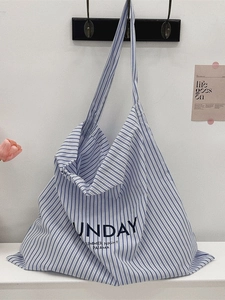 Large Capacity Canvas Tote Bag Stripe Casual Shoulder Handbag For Women Summer Style Blue And White