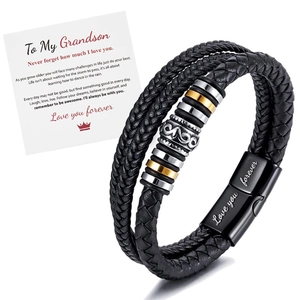 Detail of multi-layer braided leather bracelet with magnetic clasp and message card