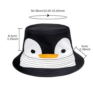 Unisex schwarzer Fischerhut mit Pinguin-Stickerei und detaillierten Größenangaben