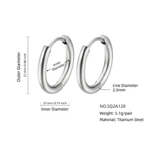 Silver titanium steel hoop earrings featuring 25mm outer diameter and minimalist round design