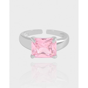 925 Sterling Silver Pink Zirconia Open Ring For Women Minimalist Geometric Rectangular Adjustable Light Luxury Finger Jewelry