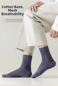 Detail view of breathable mesh texture and massage sole on cotton mid-calf socks