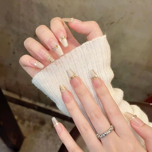 Champagne cat eye gradient press-on nails with luxury rhinestones in long coffin shape