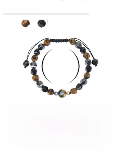 Detailed spec sheet of 8mm faceted tiger eye and obsidian projection stone bracelet
