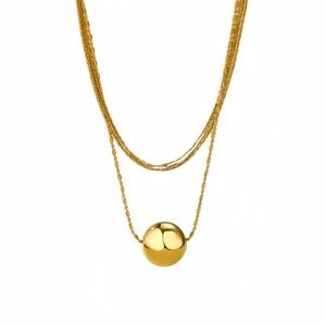 Layered gold stainless steel necklace featuring a large polished spherical ball pendant