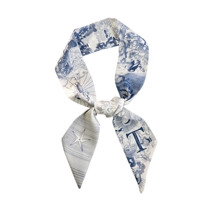 Elegant Toile de Jouy silk twilly scarf with blue animal print for bag handles or hair
