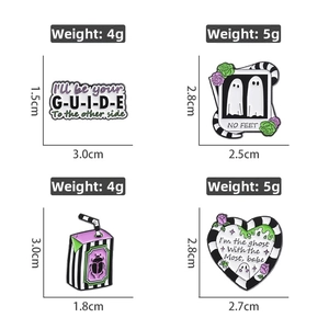 Detailed views of Halloween enamel pins showing size and weight for ghosts and juice boxes
