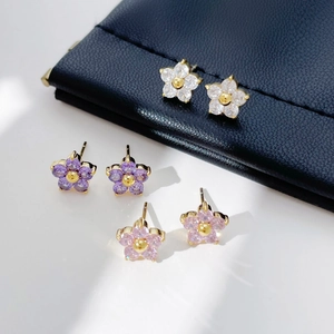 Flower Stud Earrings Stainless Steel Zircon Gold Plated Sweet Five Petal Elegant Fashion Jewelry For Women Girls