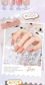 Close-up of nude and dried rose nail polish with glitter and laser effect details