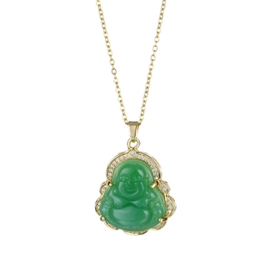 Gold plated stainless steel chain with green jade Buddha pendant and diamond accents