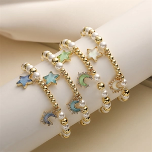 Copper Beaded Bracelet With Imitation Artificial Pearl Star Moon Enamel Pendants Micro Inlaid Zircon Trendy Elegant Women Accessory