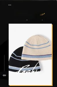 Detail view of the dense knitted texture and horizontal stripes on warm winter hats
