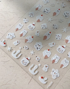 Detailed macro view of 5D embossed winter nail stickers with snowman and snowflake YT4396