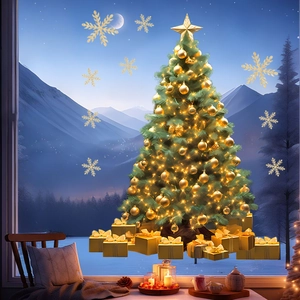 Detailansicht goldener Weihnachtsbaum Fensteraufkleber mit Schneeflocken auf Wintergrund