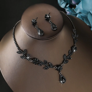 Luxury black floral jewelry set with sparkling rhinestones, necklace and earrings for brides