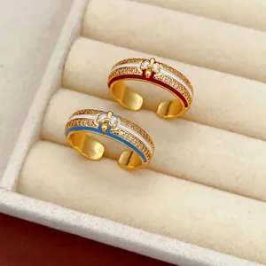 Vintage Enamel Open Ring Adjustable Copper 18K Gold Plated Zircon Fleur De Lis Court Style Finger Jewelry For Women