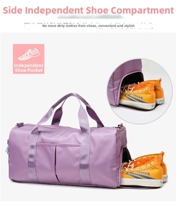 Detail showing the purple travel bag's side shoe compartment with a functional zipper