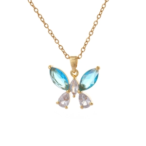 Elegant gold butterfly pendant necklace with light blue and clear marquise zircons