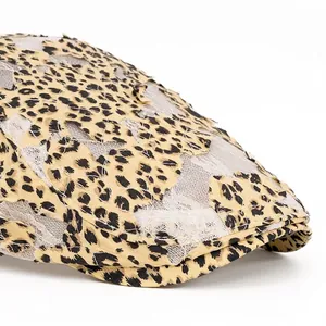 Leopard print beret with mesh lace hollow design and wide brim for sun protection