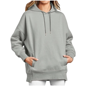 Detailed view of grey oversized hoodie with kangaroo pocket and drawstring hood features