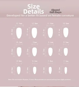Size chart for almond-shaped cat eye fake nails featuring 12 sizes with 24 pieces in total