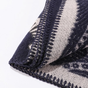 Macro shot of navy blue and beige knit scarf showing detailed edge stitching and texture