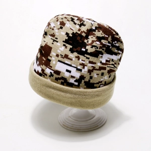 Detail of digital camouflage knit pattern on the beanie showing the warm brown fabric texture