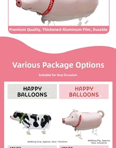Detail view of cow and pig walking animal balloons with size dimensions and measurements