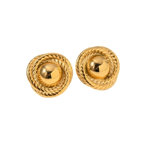 Classic 18k gold plated stainless steel button earrings with rope texture border