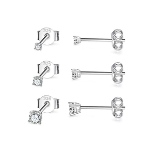 Detail view of set of three S925 sterling silver mini stud earrings with shiny zircons