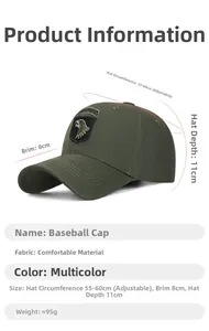 Detailed size specifications of the green Airborne camouflage baseball cap with measurements