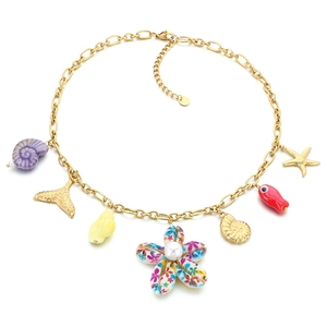 Golden titanium steel necklace with ocean shell and starfish charms on white background