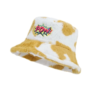 Fleece-Fischerhut mit Kuhmuster und POW-Stickerei für Damen im Winter, warm und modisch