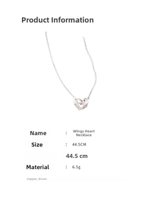 Detail view of pink zircon wing heart necklace with material specifications and sizing