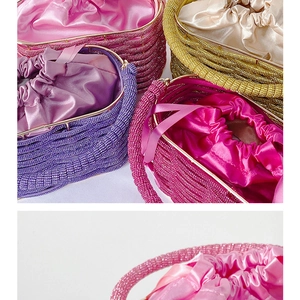 Macro detail of hand-beaded evening bucket bags with colorful sequins and satin lining