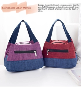 Detail view of contrast color canvas lunch bag with zipper pocket and sturdy handles