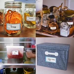 Mason jar food date labels on storage containers showing organized pantry and fridge